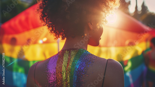 Candid carefree happy young black lesbian woman celebrating gay pride LGBTQ festival with glitter body makeup paint copy space photo