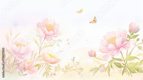 Peonies and autumn scenes  Cartoon drawing  Water color style  AI Generated