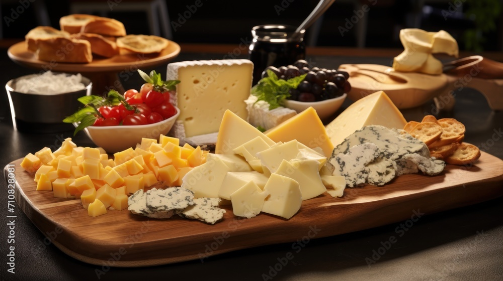  a variety of cheeses and crackers on a wooden platter on a table with other appetizers.