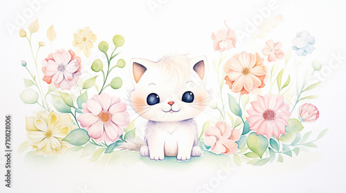 Peonies and cats  Cartoon drawing  Water color style  AI Generated