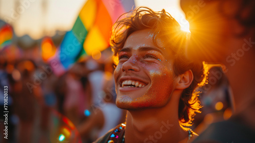 Candid young man celebrating gay pride LGBTQ festival in a queer crowd with rainbow pride flags copy space © Sophie 