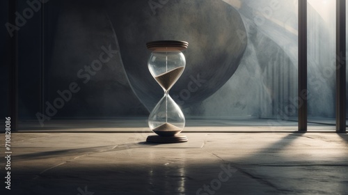  an hourglass sitting on a tiled floor in front of a large piece of artwork in a dark room with light coming through the window. photo