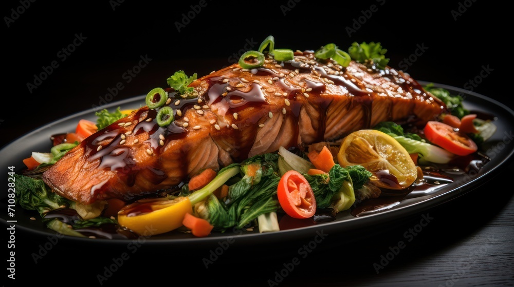 a black plate topped with a piece of salmon covered in sauce next to a pile of veggies and a slice of lemon. a black plate topped with a piece of salmon covered in sauce next to a pile of veggies and a slice of lemon.
