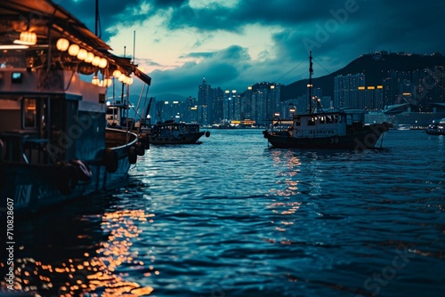 A bustling harbor at twilight with neon navy blue veins in the water and boats, photo
