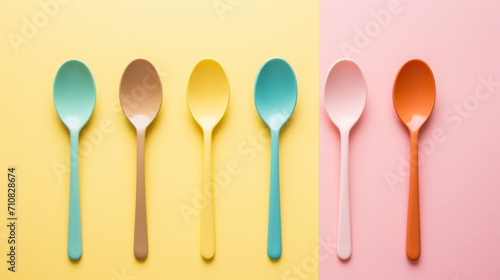 a group of spoons sitting next to each other on top of a pink and yellow surface with a pink and yellow background.
