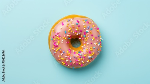  a donut with pink icing and sprinkles on a blue background with a bite taken out of it.