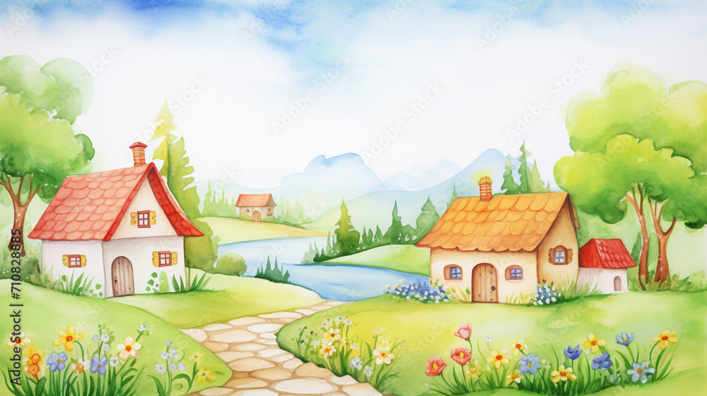 Spring scenes and villages, Cartoon drawing, Water color style, AI Generated