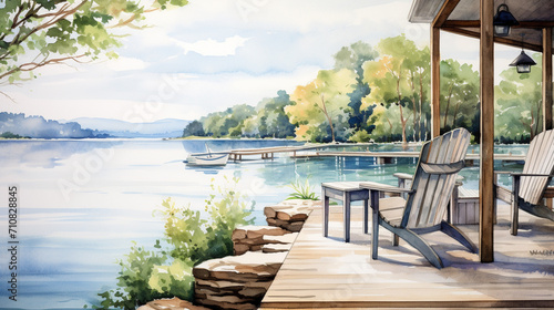Serene Watercolor Lakeside Retreat, Tranquil watercolor scene of a lakeside retreat, perfect for wellness and relaxation themed spaces, spa decor, AI Generated