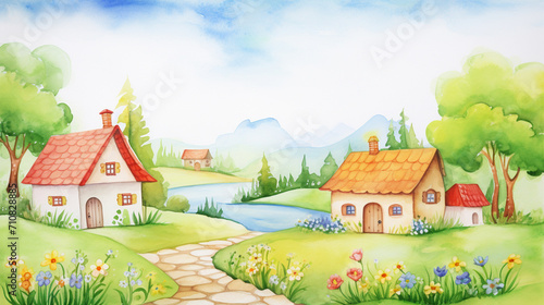 Spring scenes and villages, Cartoon drawing, Water color style, AI Generated