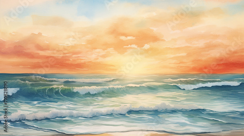 Serene Watercolor Seaside Sunset A calming watercolor painting of a seaside sunset, evoking peace and tranquility Ideal for home decor, AI Generated