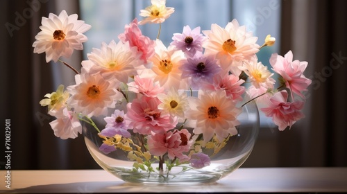  a vase filled with lots of pink and yellow flowers on top of a wooden table with a window in the background. © Olga