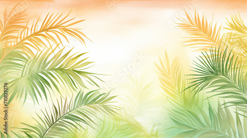 Tropical Palm Garden at Sunset, Warm glow of sunset highlighting intricate textures of palm leaves in tropical garden, AI Generated © Watercolorbackground