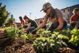 Volunteers participating in a community garden project, cultivating fresh produce to support local food banks.