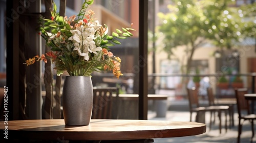  a vase filled with flowers sitting on top of a table next to a table with chairs and tables in the background.