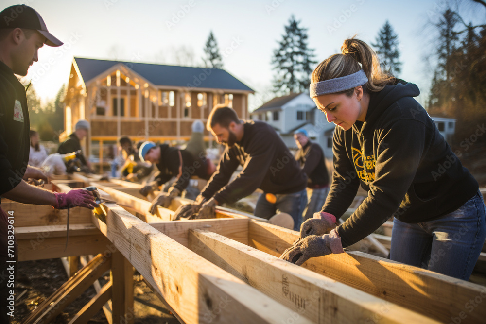 Volunteers building homes for families in need, contributing to affordable housing initiatives.