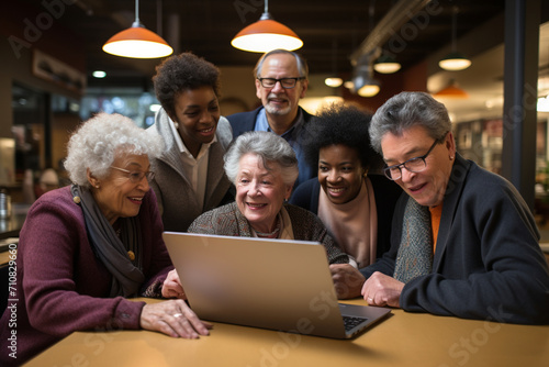 A group of volunteers organizing a technology training session for seniors, bridging the digital divide. photo