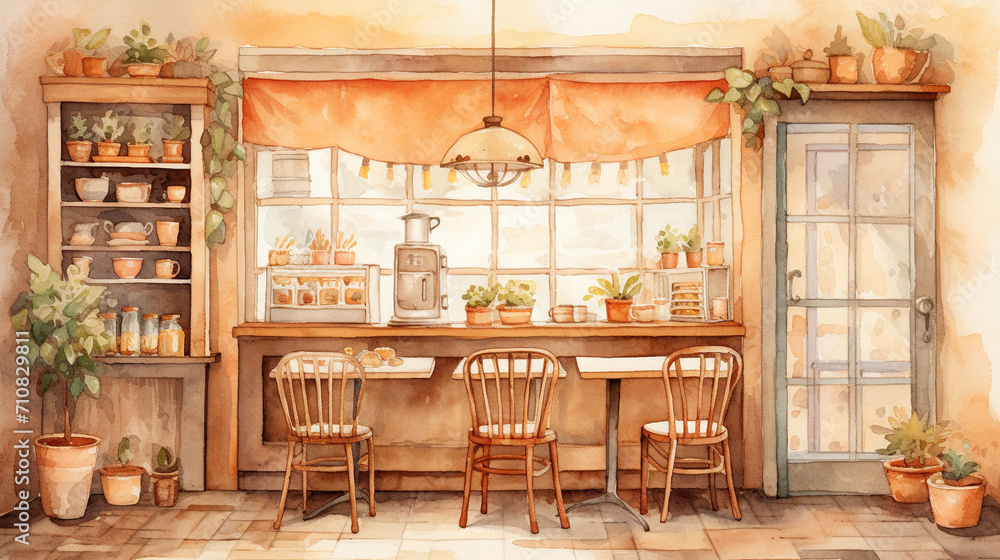 Cozy Cafe Interior, Cozy cafe interior illustrated in warm watercolor tones, Perfect for cafe menu covers or food blog headers, AI Generated