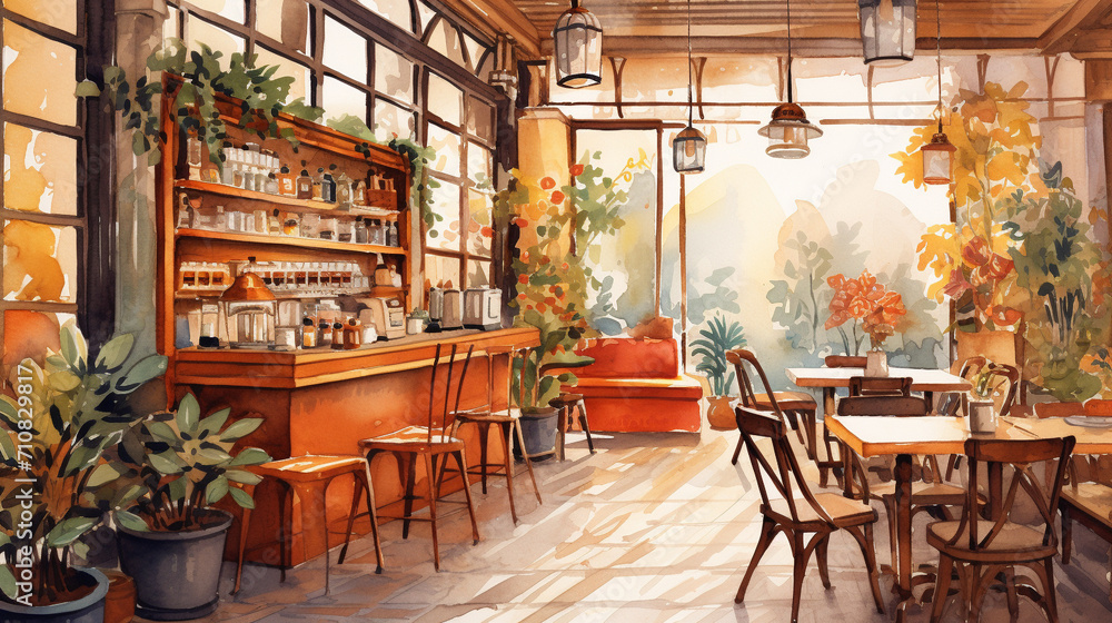 Cozy Cafe Interior, Cozy cafe interior illustrated in warm watercolor tones, Perfect for cafe menu covers or food blog headers, AI Generated Cozy Cafe Interior, Cozy cafe interior illustrated in warm watercolor tones, Perfect for cafe menu covers or food blog headers, AI Generated