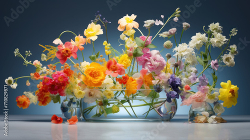  a glass vase filled with colorful flowers on top of a white counter top in front of a dark blue background. photo