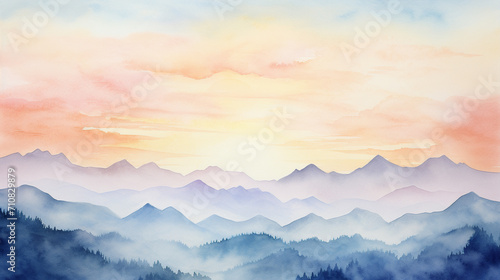 Watercolor Sunrise over Mountain Range, Soft and peaceful watercolor painting of sunrise over mountain range, AI Generated