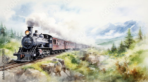 Watercolor Vintage Train Journey A nostalgic watercolor depiction of a vintage train journey through scenic landscapes, AI Generated