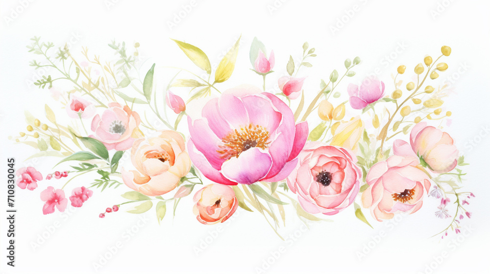 Wildflowers and peonies and pastries, Cartoon drawing, Water color style, AI Generated
