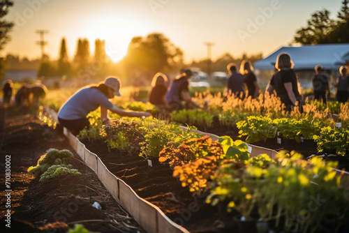 A group of volunteers helping at a community garden, growing fresh produce for local food banks. photo