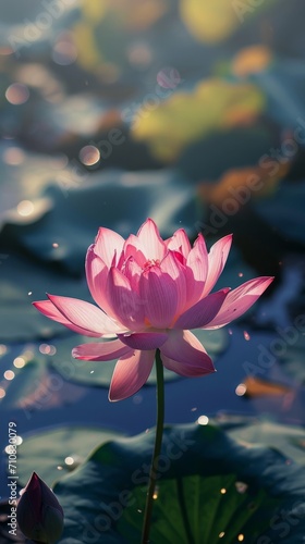 Pink Lotus Flower Blooming Beautifully in Middle of Pond