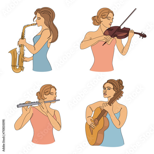 Collection. Silhouette of woman with guitar, violin, saxophone flute in modern continuous line style. Beautiful girl. Aesthetic decor sketches, posters, stickers, logo. Set of vector illustrations.