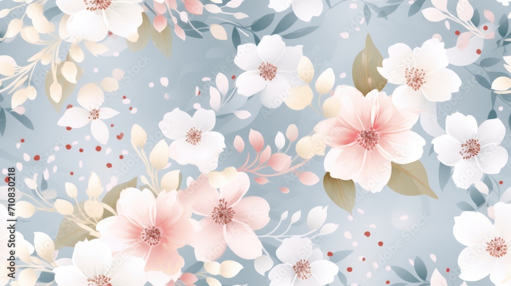  a blue and white floral wallpaper with pink and white flowers on a light blue background with green leaves and dots.