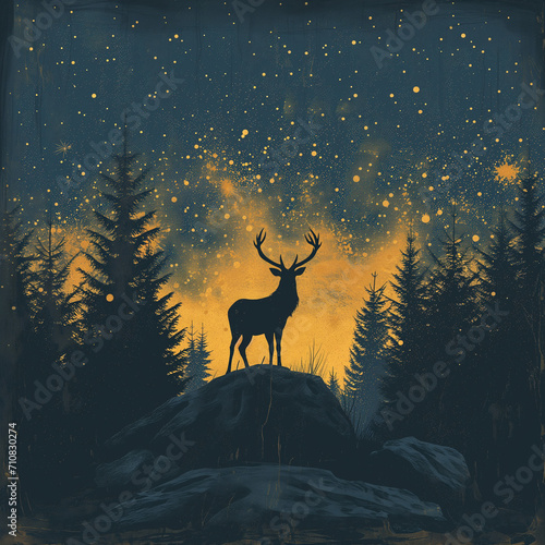 sillouette off white deer in a starry night sky sunset