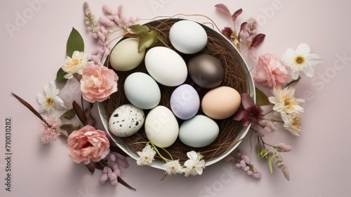  a bird's nest filled with eggs surrounded by flowers on a pink background with a few pink peonies.