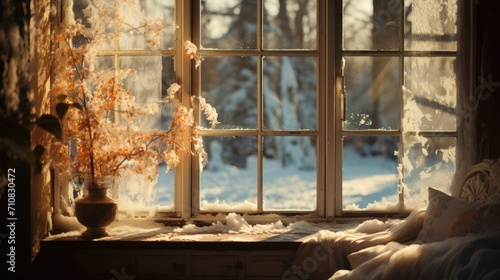  a window with snow outside of it and a vase with a plant on the window sill in front of it.