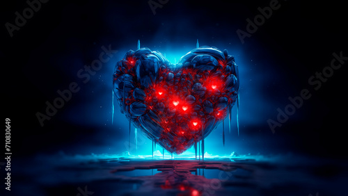 Surreal illustration, burning heart in ice. A man looking at the heart.  © serabstract