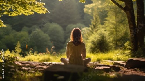  a woman sitting on a rock in the middle of a forest with her back to the camera as she meditates.