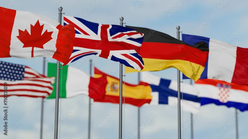 NATO members flags waving together on cloudy sky, endless seamless loop NATO members flags waving together on cloudy sky, endless seamless loop