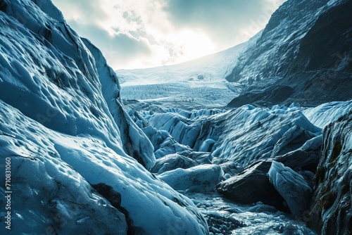 A grand glacier scene with neon ice-blue veins in the ice and crevices,