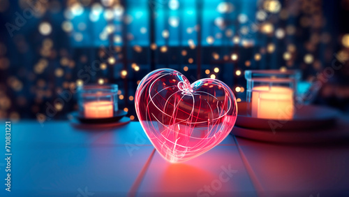 Neon red heart on bokeh background with candles. Romantic background. 