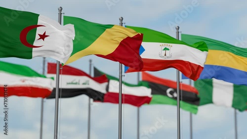 OPEC or Organization of the Petroleum Exporting Countries flags waving together on cloudy sky, endless seamless loop