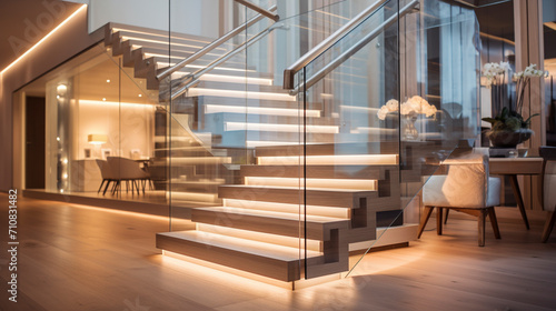 A chic, light-hued wooden staircase with transparent glass railings, subtly lit by discreet LED lighting under the handrails, in a bright, modern setting.