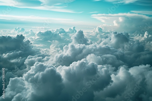 A high-altitude cloud scene with neon sky blue veins in the cloud formations,