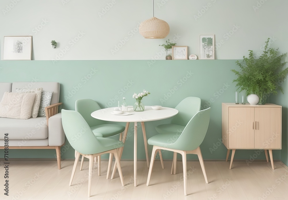 Fototapeta premium Mint color chairs at round wooden dining table in dining room with cabinet near green wall. Scandinavian, mid-century home interior design of modern living room.