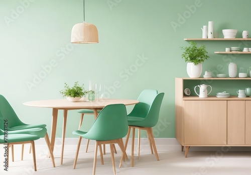 Mint color chairs at round wooden dining table in dining room with cabinet near green wall. Scandinavian, mid-century home interior design of modern living room.
