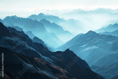 A high-altitude mountain range with neon cobalt veins in the peaks and valleys,