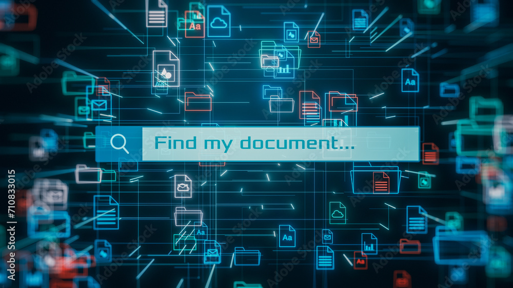 document management system, abstract grid with file and folder icons, search bar, concept of digital data organization (3d render)
