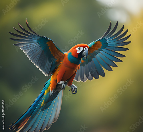 Portrait of ..Portrait of Scarlet Macaw parrot. Macaw parrot flying in dark green vegetation with beautiful back light and rain. Scarlet Macaw  Ara macao  in tropical forest  Costa Rica. generative Ai
