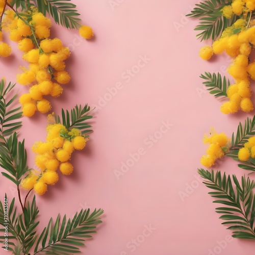 Valentine Day Bunch of yellow tulips and mimosa branch on pink background. Beautiful romantic background with place for text. Vetor illustration