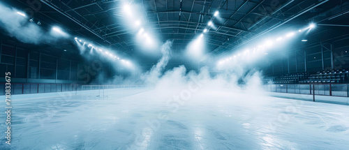 Blue Ice Rink Background. Professional Arena illuminated neon lights, spotlights with smoke. Copyspace. Winter poster for hockey competitions. Ice skating. Stadium. Generative ai