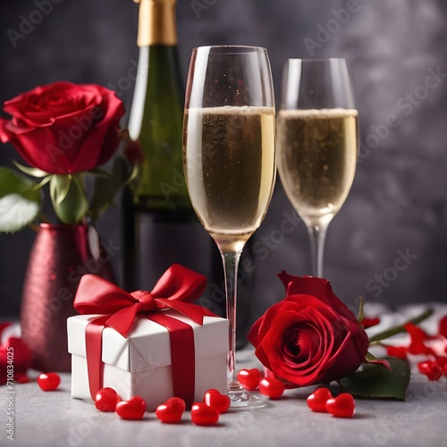 Background of Valentines day celebration with champagne, rose, heart shaped present and red candies.