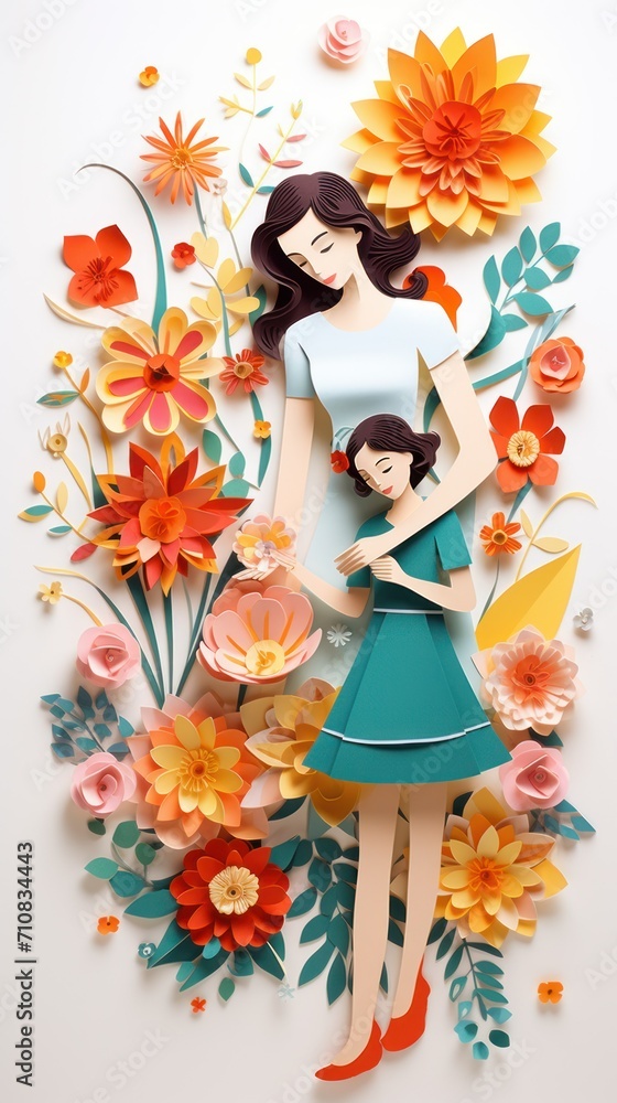 Happy Mother's Day in paper cut design. Young mother and daughter like a paper doll. Mother and her cute child decorated paper cut flowers wall frames. Modern botanical sculpture
